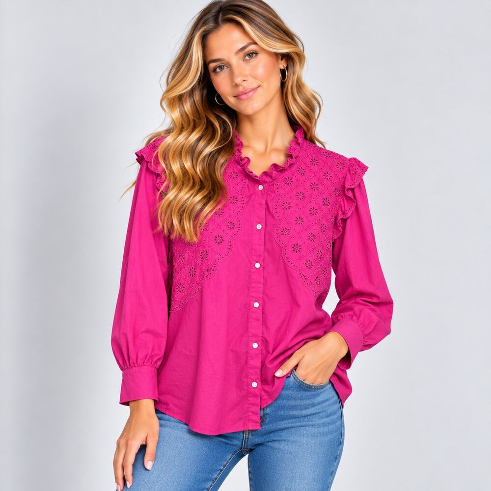 Old Navy Ruffled Trim Button-Up Blouse Women's Size XL Pink Eyelets Cottagecore